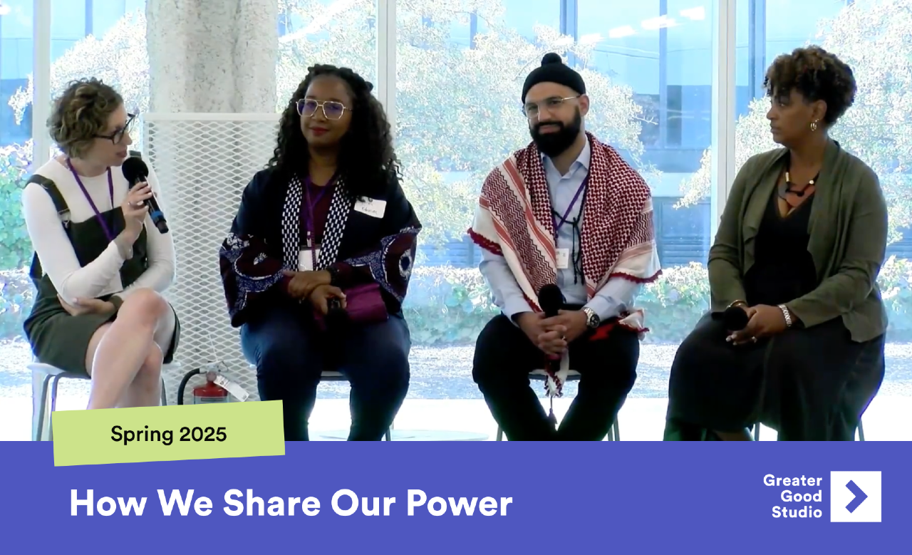 A photo showing 4 panelists, with text below saying "Spring 2025" and a title "How We Share Our Power"
