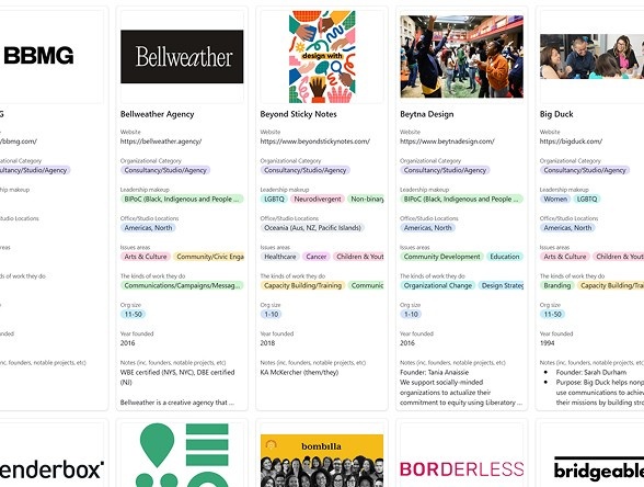 An image of the social impact database featuring cards with overview text about different social impact companies.