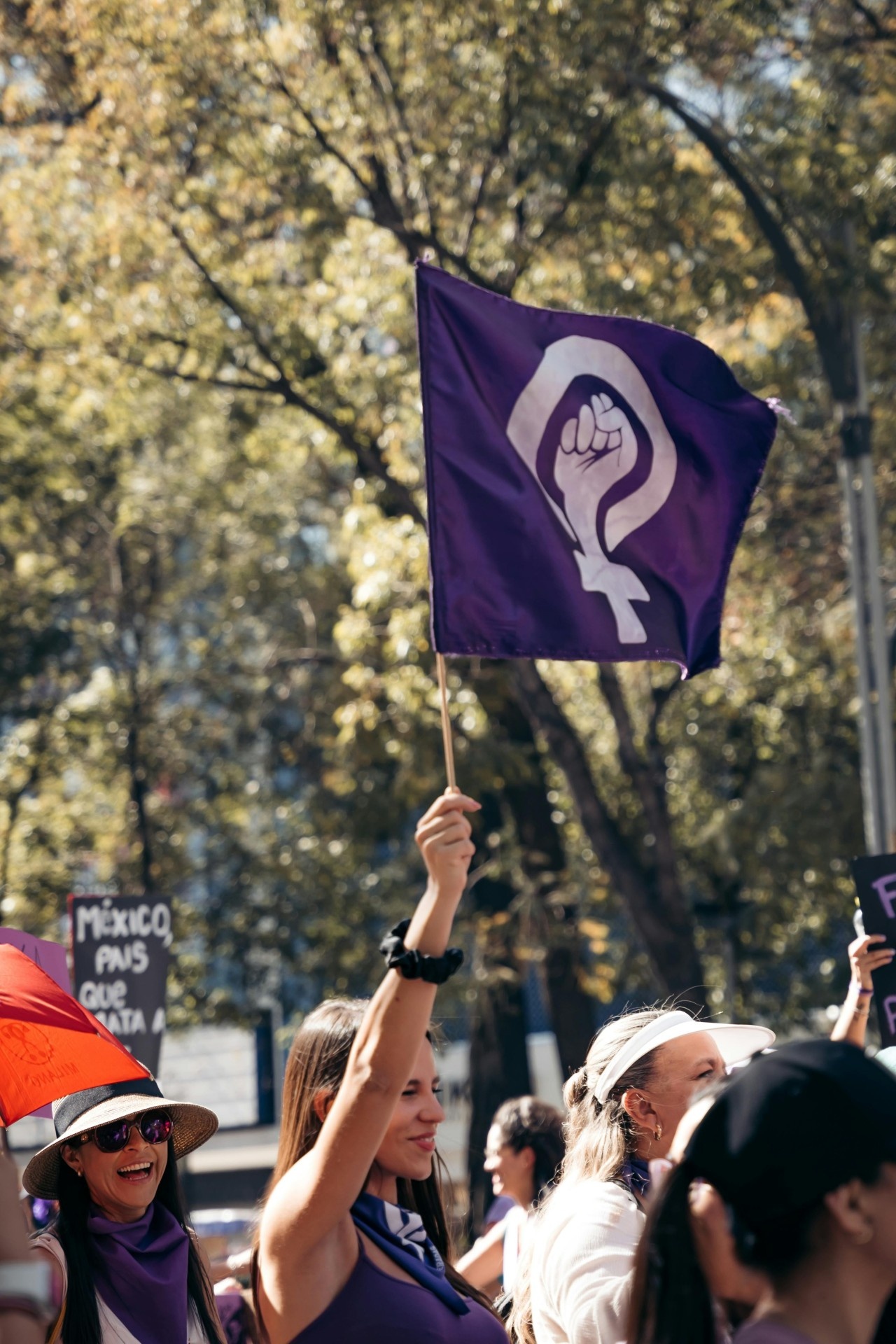 woman at a rally for womens rights holding a flag