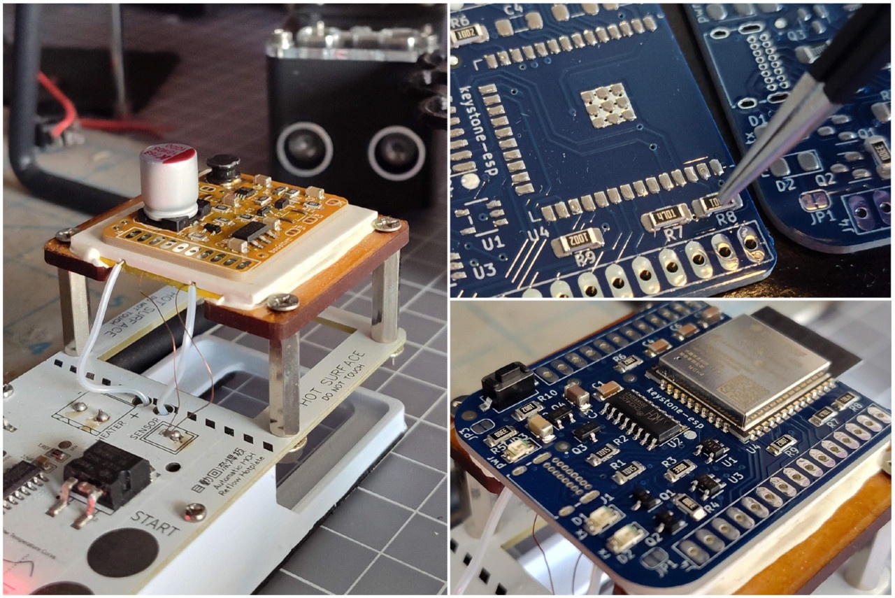 Collage of images showing the small batch assembly in action on Boostlet (yellow circuit board) and Keystone (blue circuit board)