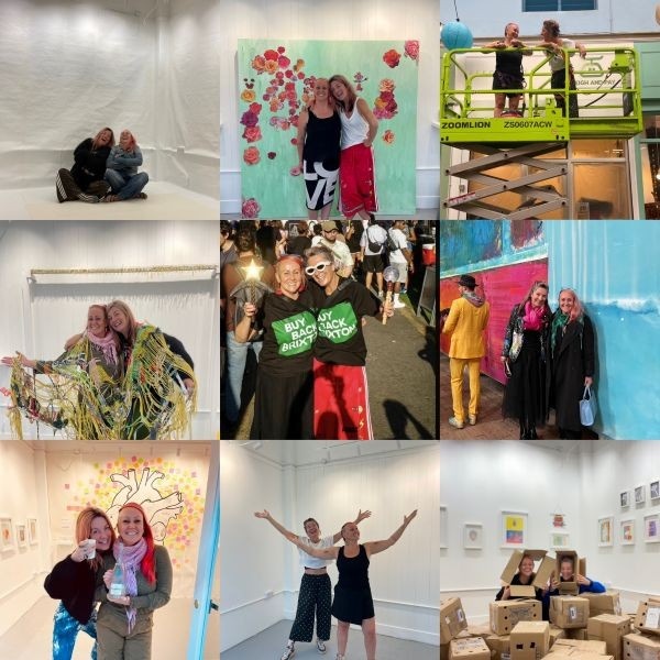 Photo collage including 9 different photographs of Morgane and Fran doing different gallery-related activities and smiling. On all pictures they look like they are having fun.