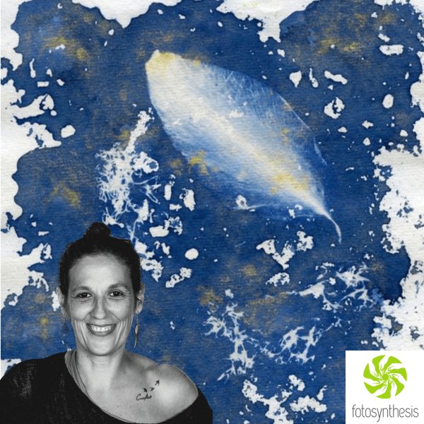 Photo collage of an example of cyanotype printing with a portrait of Ingrid Guyon who will lead the cyanotype workshop. The collage also include the logo for Fotosynthesis, the organisation Ingrid works for.