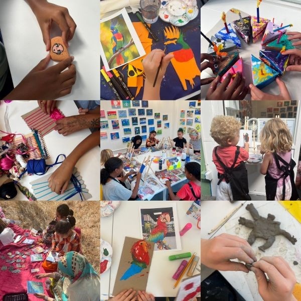 Photo collage featuring 9 photographs taken during different sessions of the creative summer programme. It displays a variety of creative activities; painting on canvas and on rocks, weaving, using oil pastels and felt-tip pens, and making 3D cake pieces.