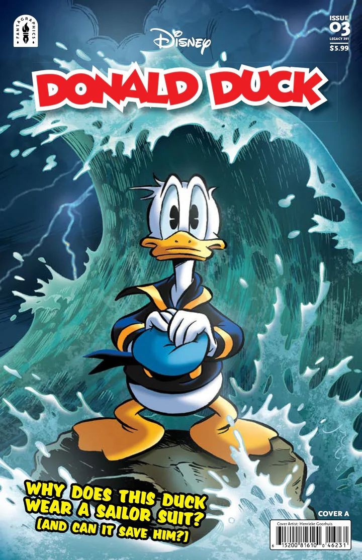 Cover of Donald Duck number 391. Donald is standing on a rock amidst crashing waves and thunder, and is staring at the viewer, hat in hands.