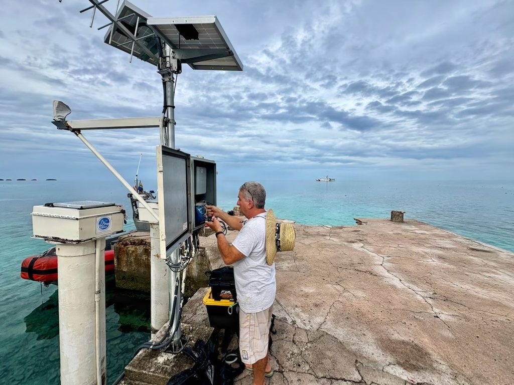 A NOAA technician aboard the US Coast Guard Cutter Oliver Henry works to restore a critical tsunami early warning station on a remote Pacific atoll in March 2026. (Photo Credit: US Coast Guard)