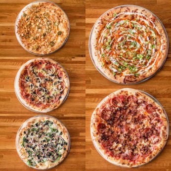 Assorted Pizzas arranged with 3 pizzas lined up vertically on the left and 2 on the right.