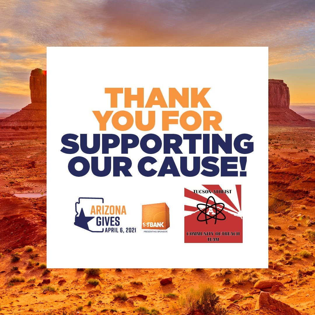 White spauare with text over mountains and desert scenery. Text reads: "Thank you for supporting our cause! " Logos for Arizona Gives Day & The TACO Team