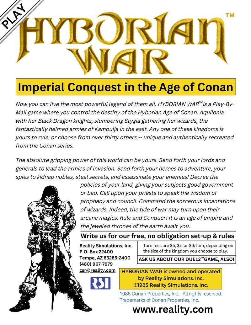 Hyborian War image ad for Reality Simulations, Inc. (RSI)