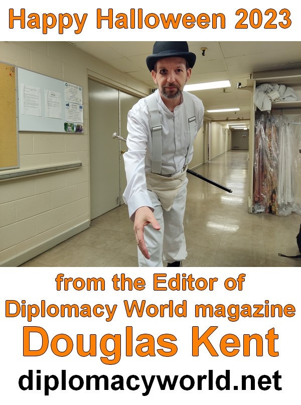 Douglas Kent Happy Halloween 2023 inage ad for Diplomacy World magazine