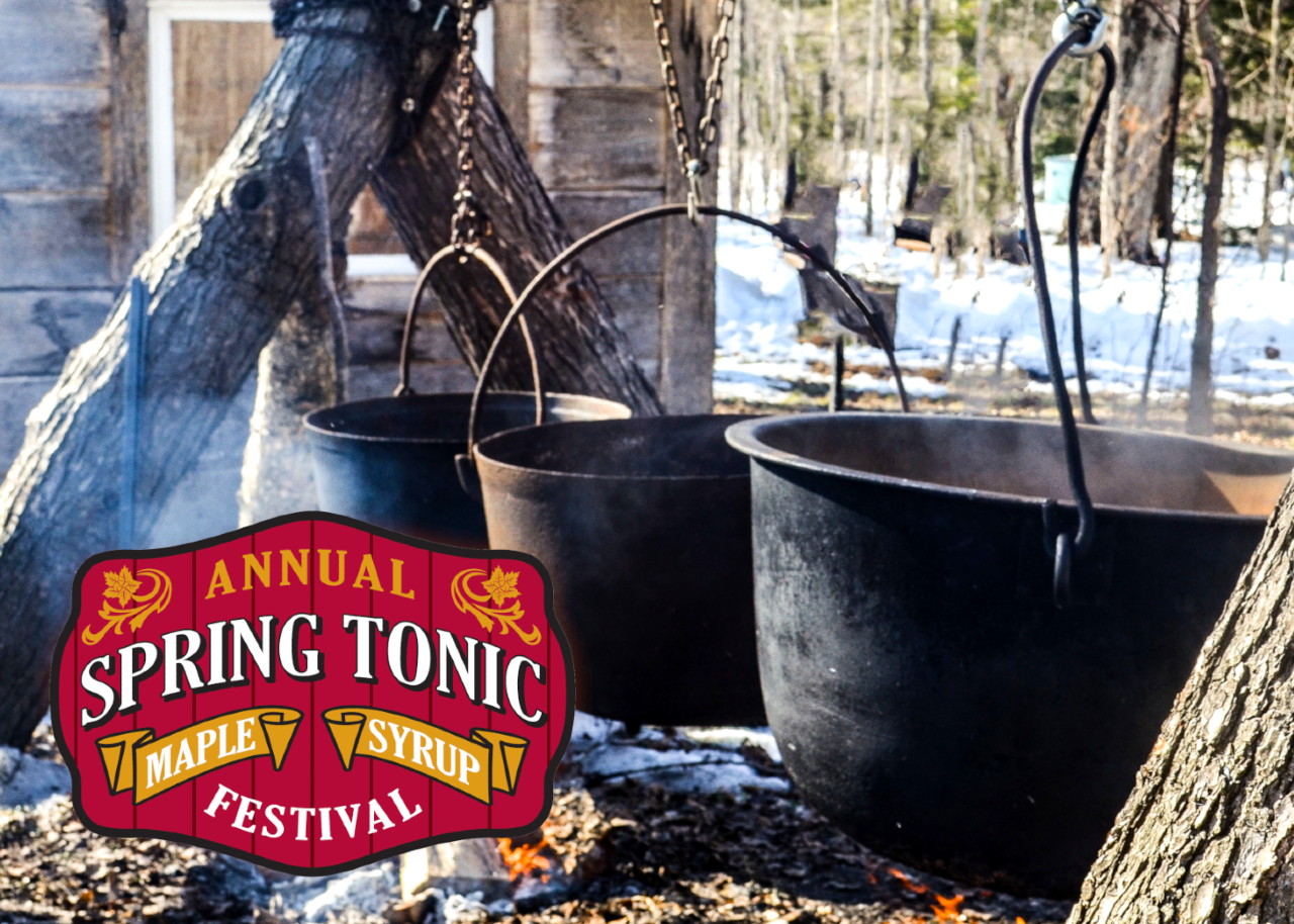Spring Tonic Banner showing syrup cauldrons over a fire.