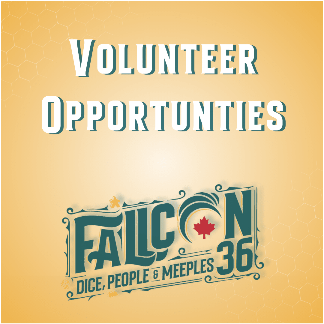 ellow background. Volunteer Opportunities at the top. Teal lettered FallCon 36 logo at bottom