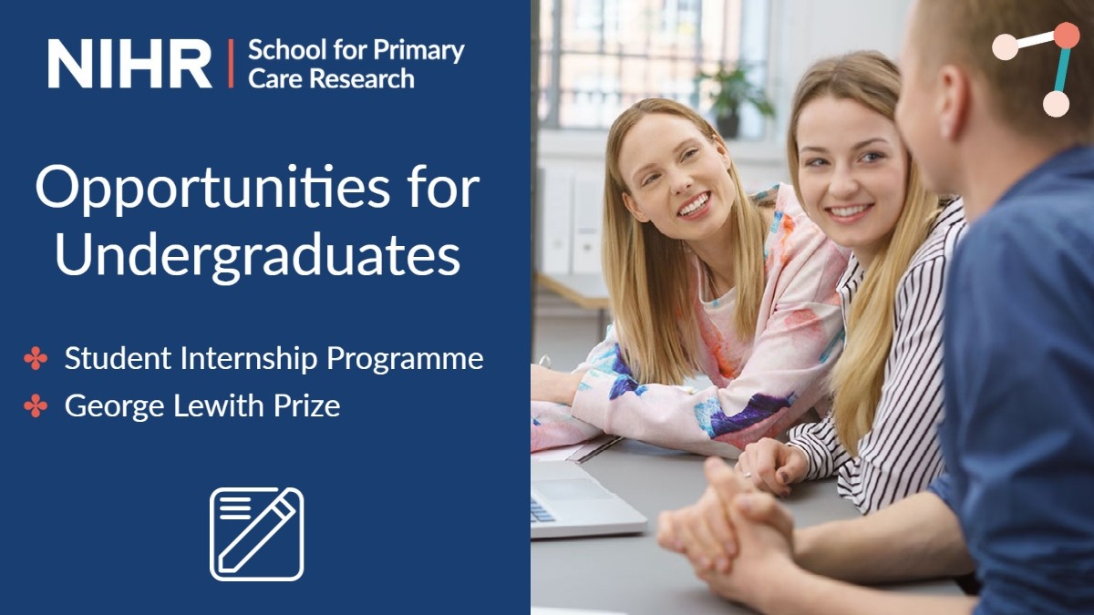 Text reads NIHR; School for Primary Care Research. Opportunities for Undergraduates; student internship programme and George Lewith Prize. Three smiling young people, in discussion, sit together at a desk.