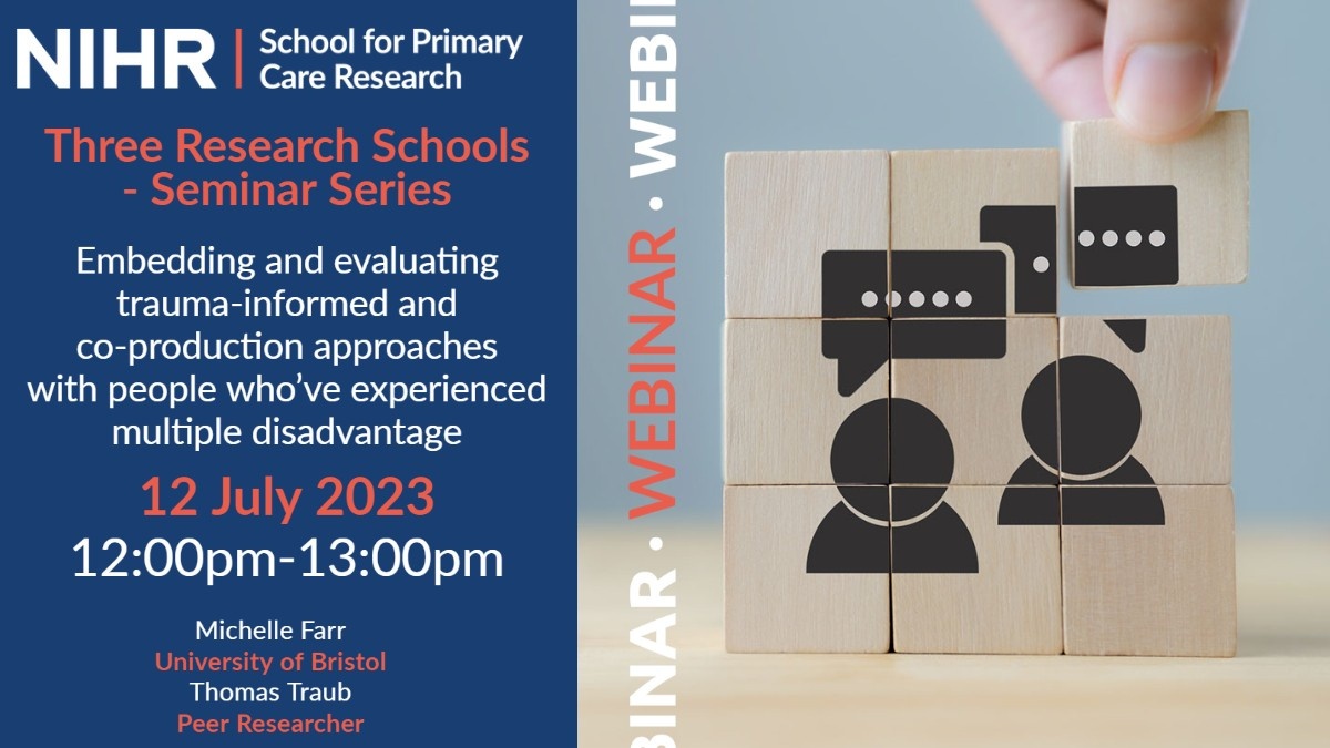 Text reads NIHR; School for Primary Care Research. Three Research Schools - Seminar Series. Use of Nominal Group Technique for organising a workshop for carers of people who have been discharged by mental health hospitals. 12 June 2023, 13:00 - 14:00, Mar