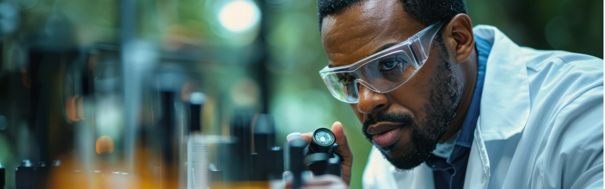 Researcher wearing safety goggles and a lab coat closely examining equipment with a small optical device in a laboratory setting