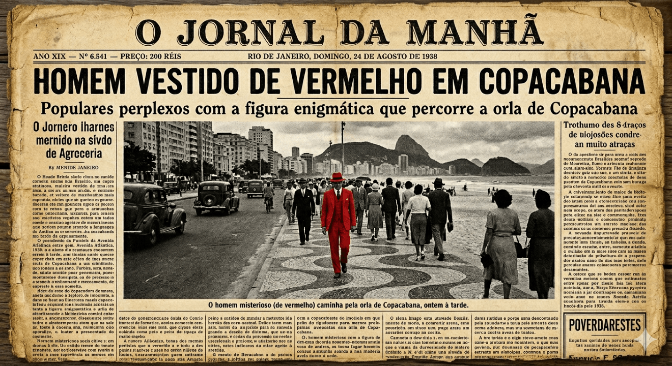 Capa de jornal feita em IA, com o homem de vermelho