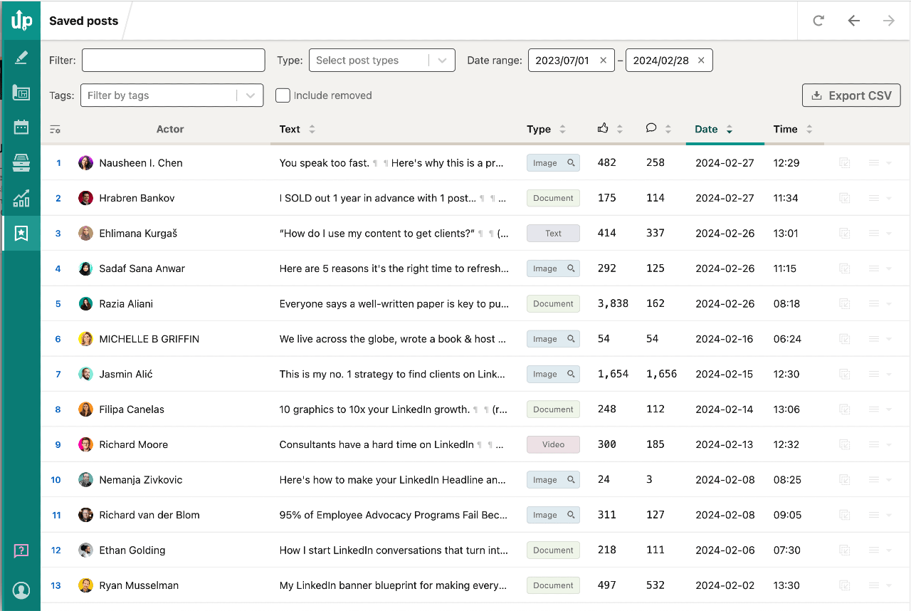 AuthoredUp Saved Posts feature - showing all saved posts in the table format