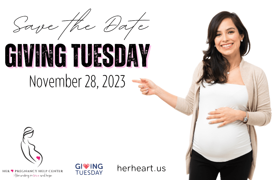 A pregnant woman pointing to the test "Save the Date, Giving Tuesday, November 28, 2023" with the HHPHC logo and Giving Tuesday logo on the bottom