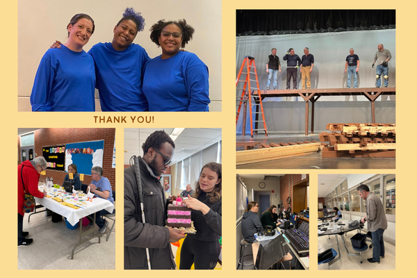 Collage of photos including three ASK interpreters wearing blue shirts, five men building a platform on a stage, two volunteers at a table, a man holding a prop pink cake, two adults in a bootj with lighting equipment, a man at a table holding a mic.