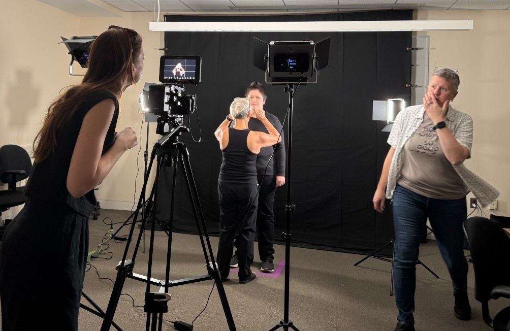 Deaf DASL MoMo with DASL and producer Jules Dameron filming the ASL Glossary terms with Deaf talent on camera and Ingrid from VOX monitoring.