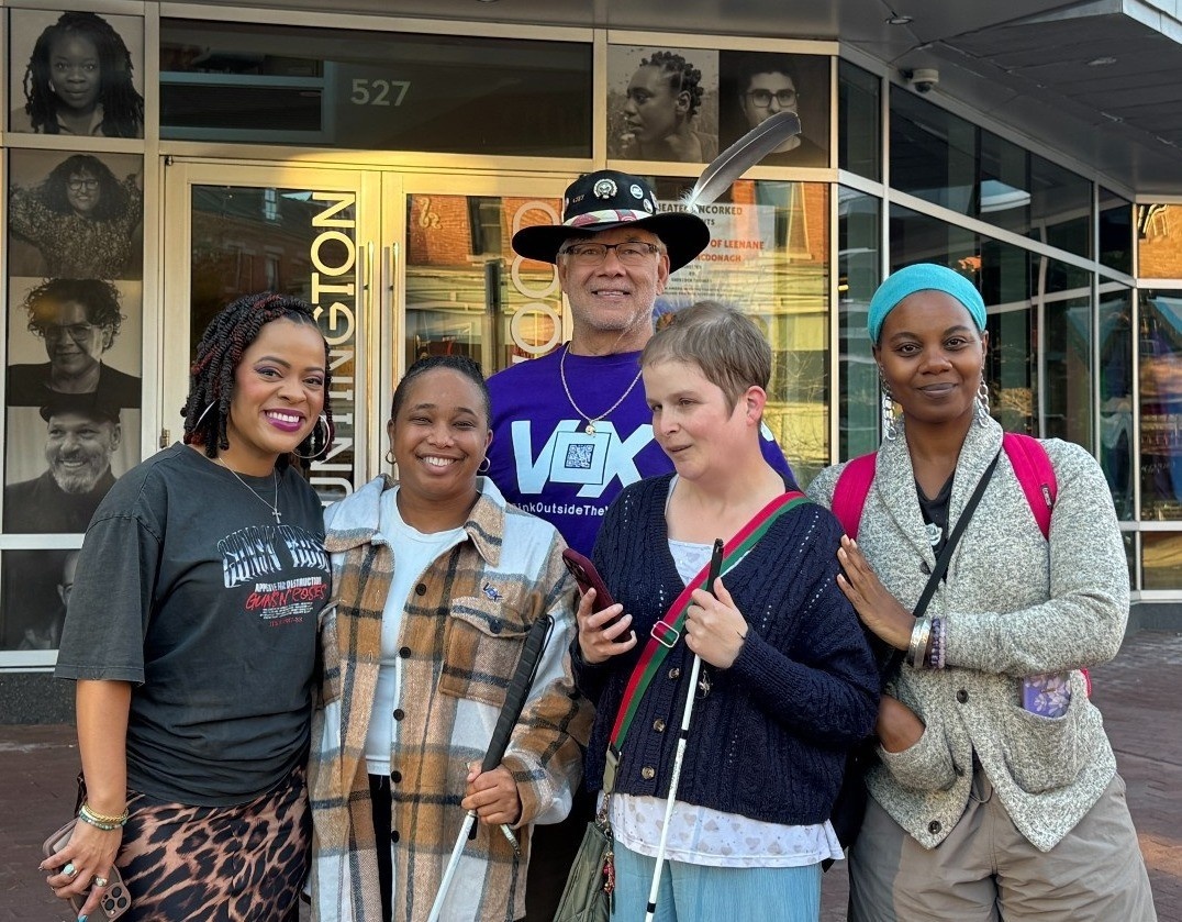 Purpose AD team (Mikey, Mel, Teddy) with patron Jessica Barr and actor Kalyne Ashley Coleman who played Aziza.