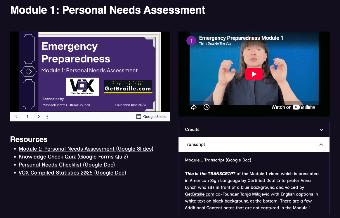 screenshot of Emergency Preparedness Modules page on VOX's website.