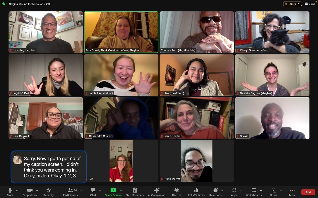 A Zoom screenshot of BIPOC, disabled, blind, Deaf, hearing and sighted AD trainees smiling and posing with hands