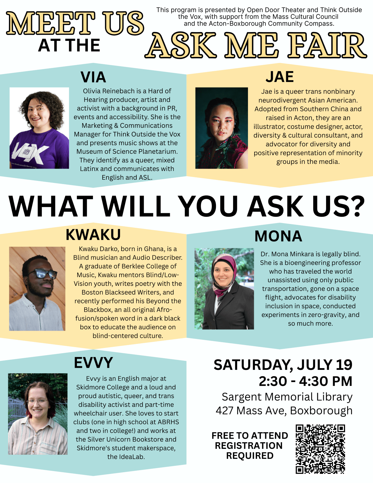 Ask Me Fair flyer with presenters headshots and bios.