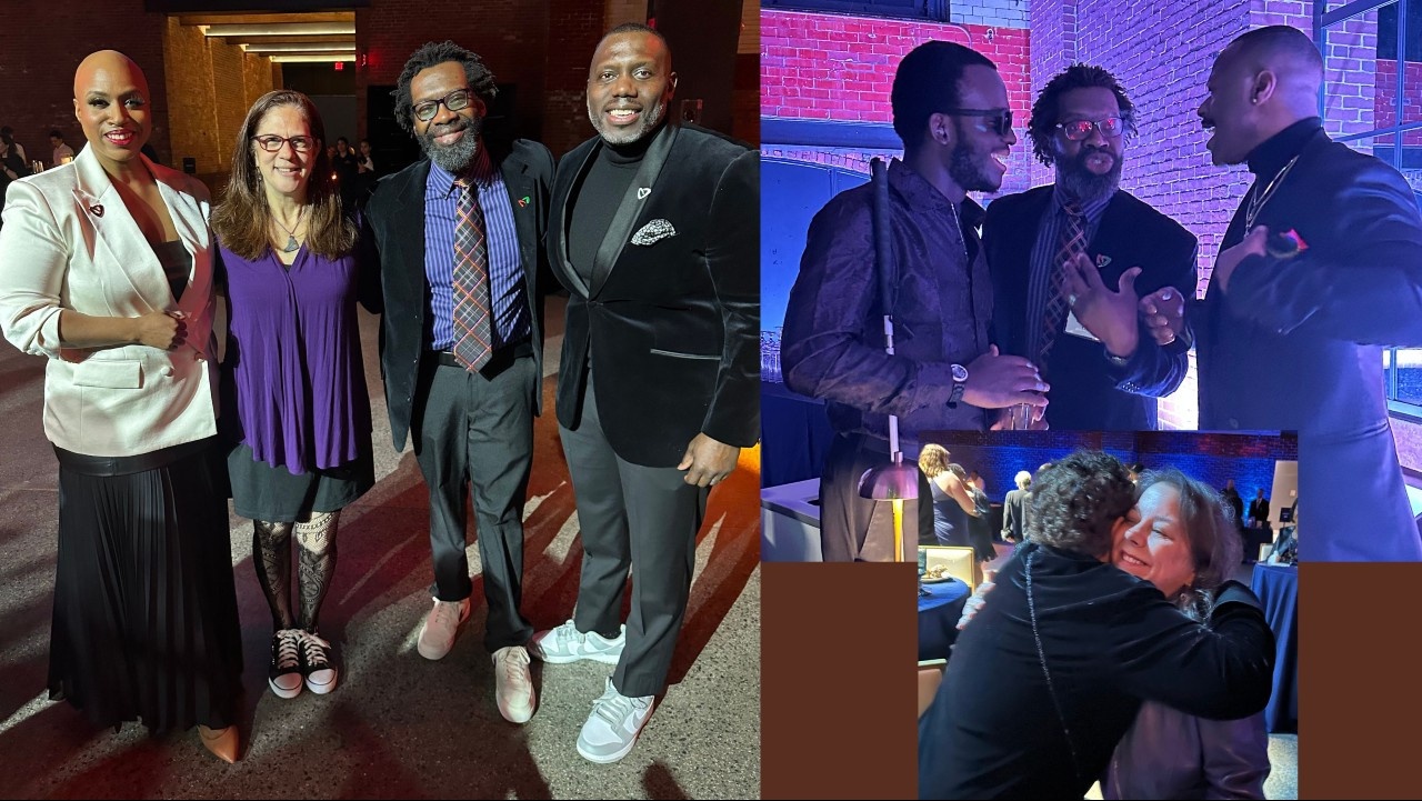 collage of three photos from Embrace featuring Congresswoman Ayanna Pressley and her husband Conan Harris, Christopher and Aimee Robinson, Sam Gould, Allison Simmons, Kwaku Darko and artist George Freeman