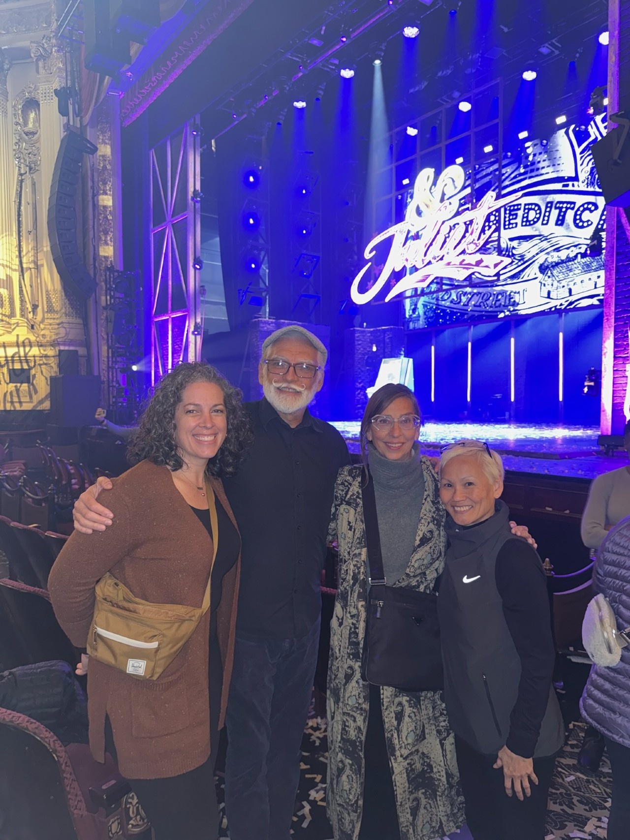 Group photo of DASLs at the & Juliet show. From left to right, Rachel Berman-Kobylarz, L:eon Jerfita, Kristin Johnson and Momo Holt