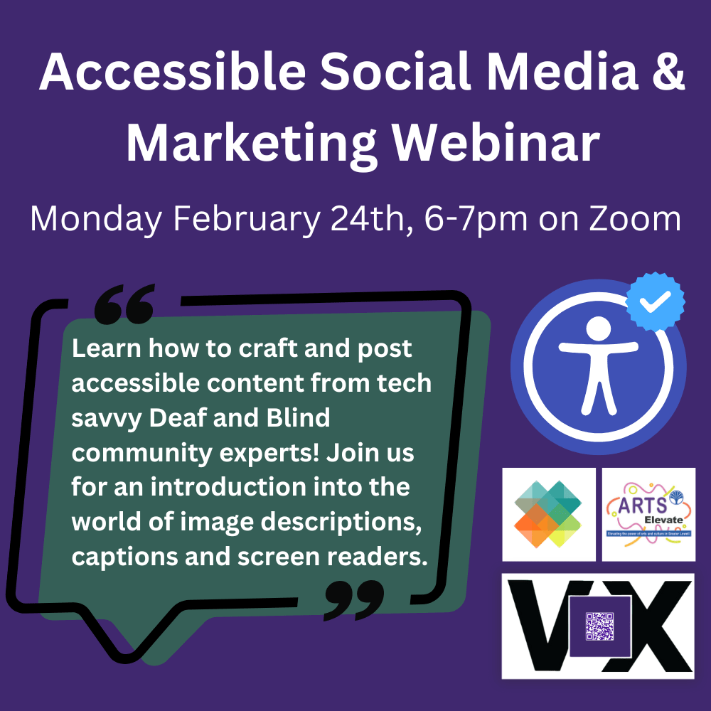 Learn how to craft and post accessible content from tech savvy Deaf and Blind community experts! Join us for an introduction into the world of image descriptions, captions and screen readers.