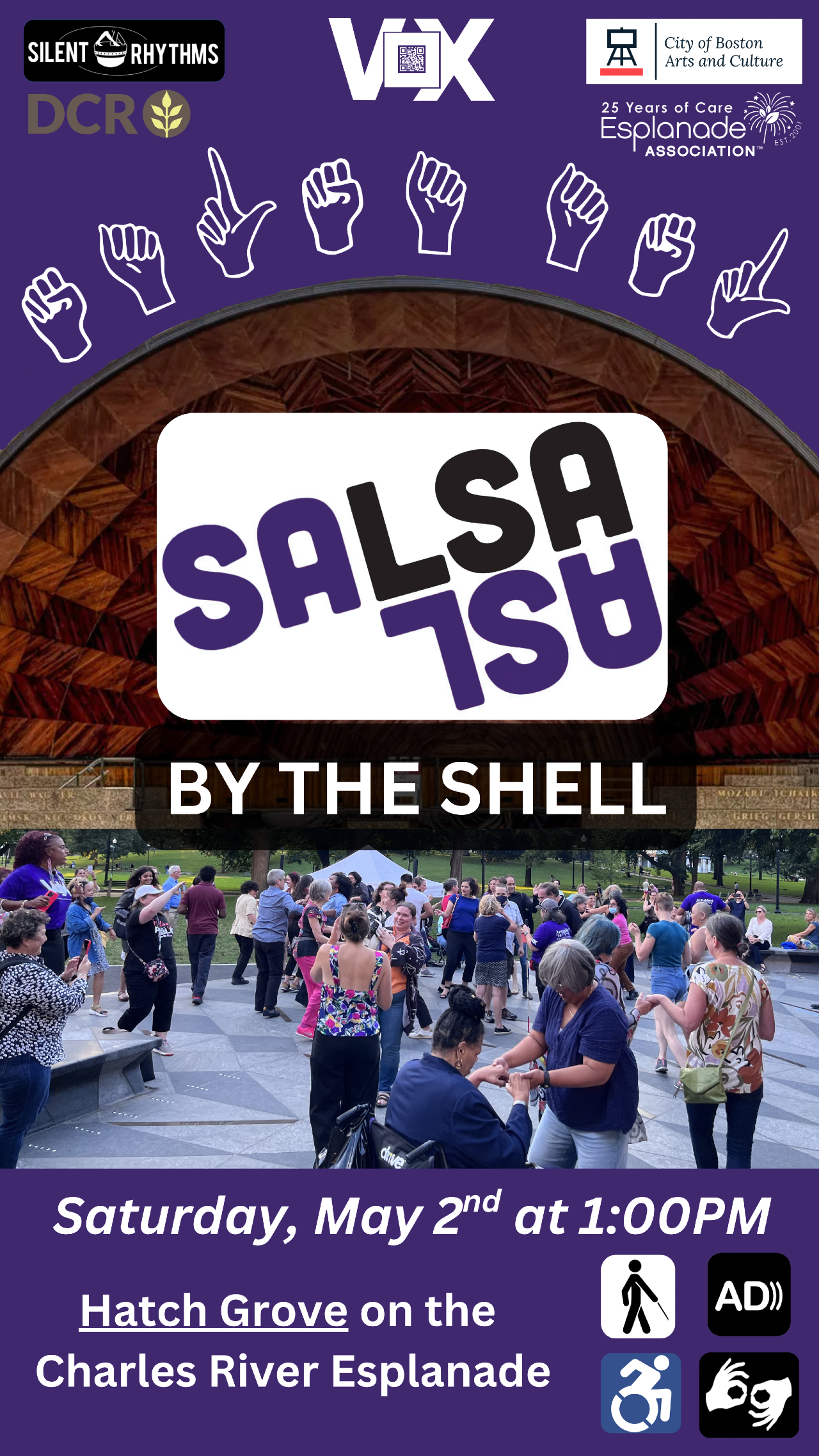 purple flyer promoting Salsa ASL by the Shell, Saturday May 2nd at 1:00pm. Hatch Grove on the Charles River Esplanade.