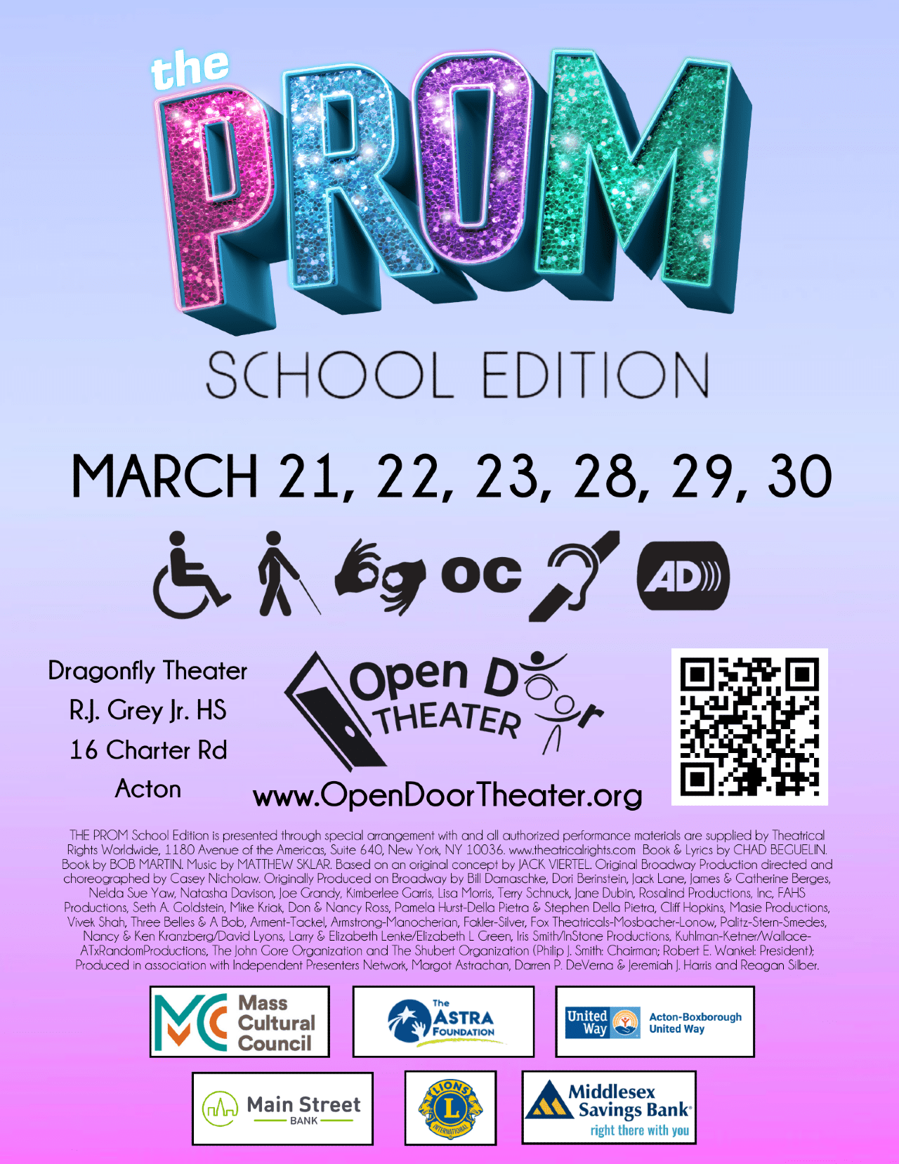 The Prom School Edition in sequin rainbow colors on purple background, March 21, 22, 23, 28, 29, 30, Open Door Theater logo and www.OpenDoorTheater.org website, Dragonfly Theater, RJ Grey Jr HS, 16 Charter Road, Acton, with access symbols, Theatre Rights.