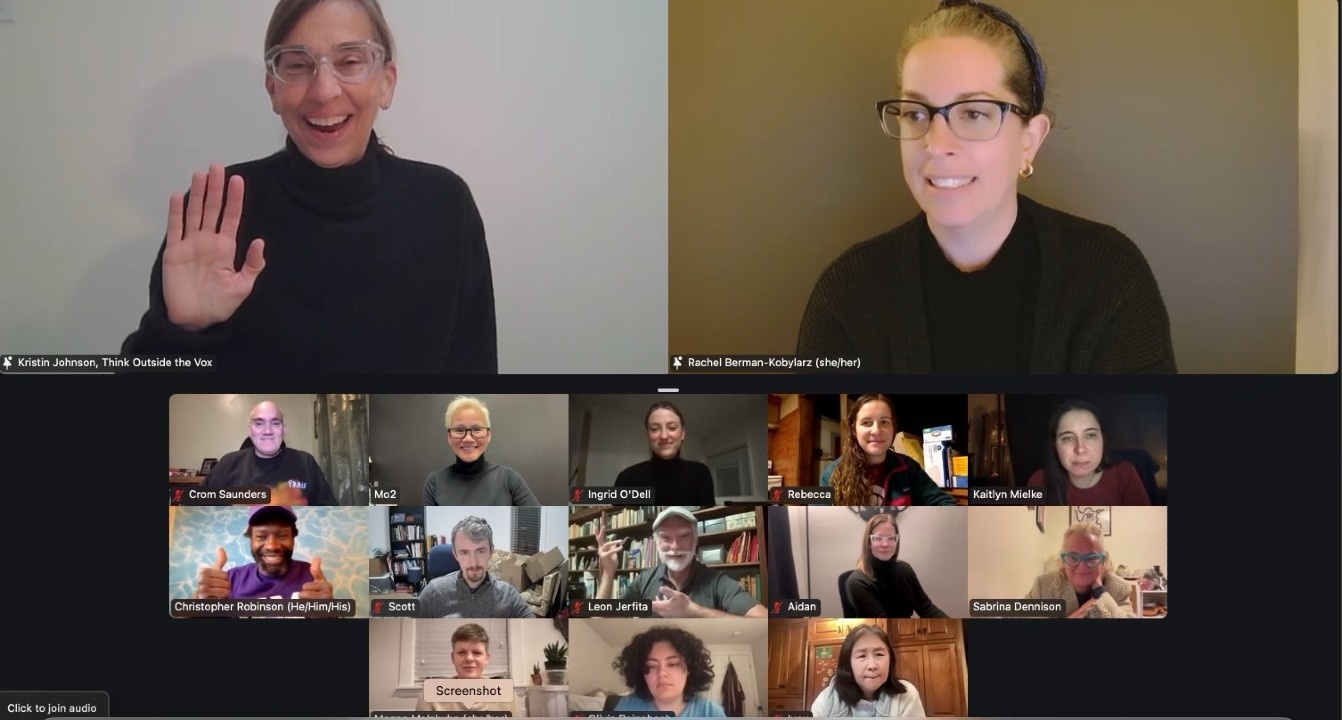 Group photo of Deaf experienced and emerging DASLs and a couple Vox staff meeting on Zoom for a DASL workshop, some smiling and posing