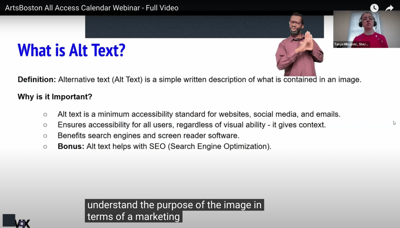 A screenshot of ArtsBoston Calendar webinar with a slide about Alt Text. Tanja speaks in the corner and Christopher interprets. On the bottom are captions.