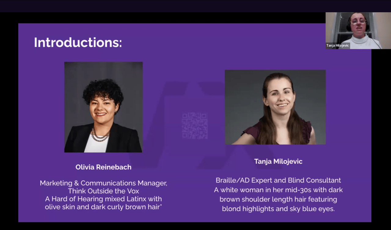 screenshot of Accessible social media and marketing webinar, with Tanja presenting in the corner on the slide that features Olivia and Tanja's introductions: headshot and self descriptions.