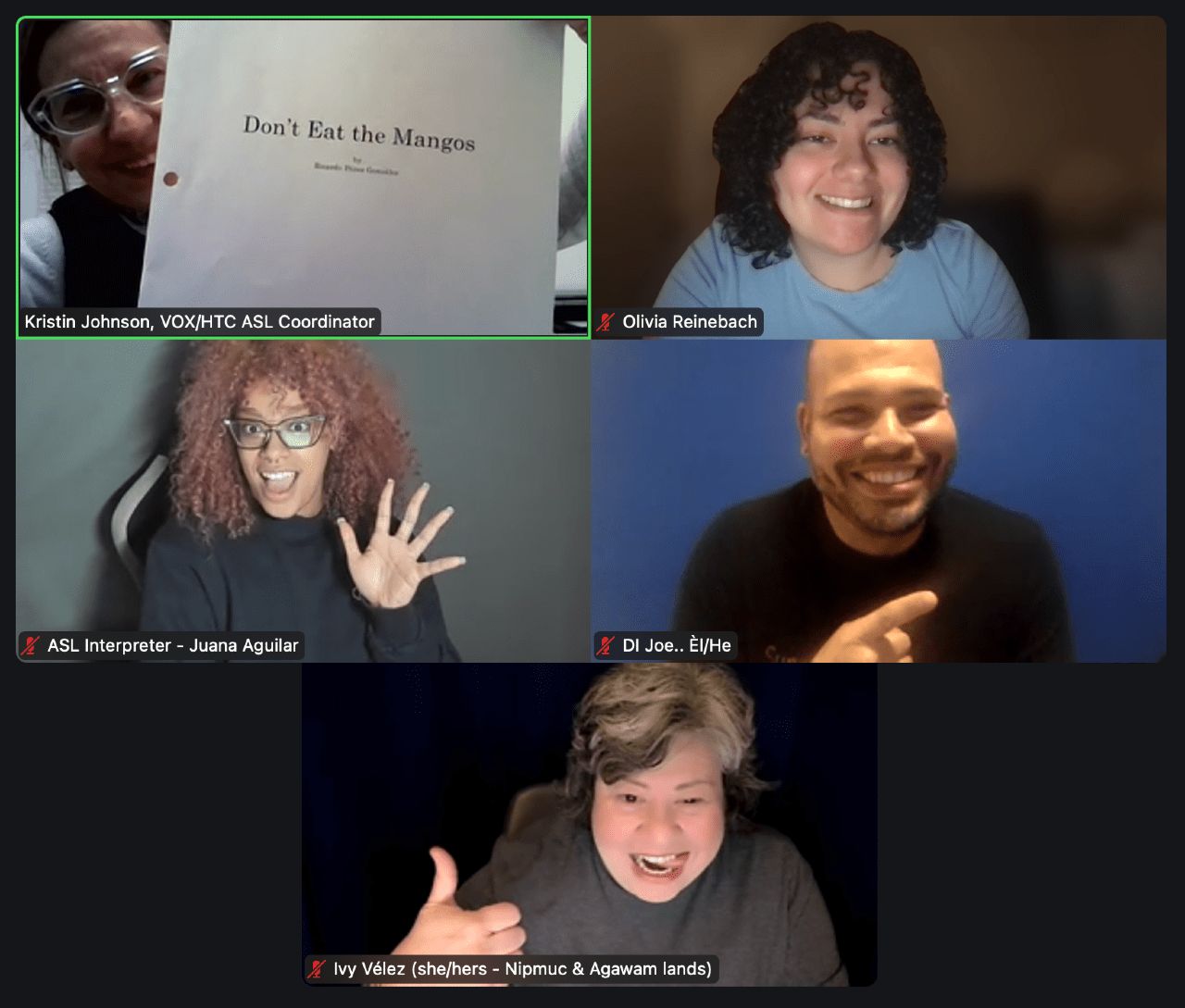 screenshot of DASL team smiling with hands and poses on Zoom for Don't Eat the Mangoes at The Huntington