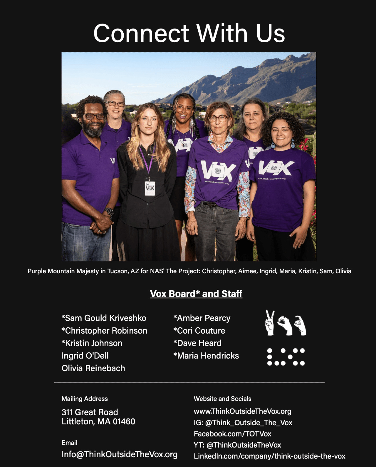 Contact page with Vox team photo, our social media handles, and staff and board.
