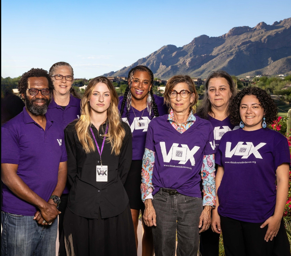 Core Vox team members in Tucson Arizona for a group photo. Left to right: Christopher Robinson, Aimee Robinson, Ingrid O'Dell, Maria Hendricks, Kristin Johnson, Sam Gould, Olivia Reinebach.