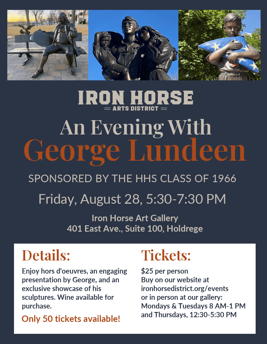 Poster for 'An Evening with George Lundeen' featuring images of some of his works around Holdrege including Ben Franklin, Promise of the Prairie, and 'Field of Blue'.