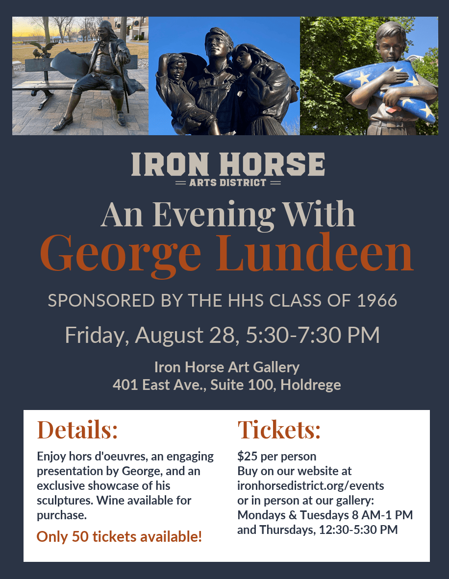 Poster for 'An Evening with George Lundeen' featuring images of some of his works around Holdrege including Ben Franklin, Promise of the Prairie, and 'Field of Blue'.