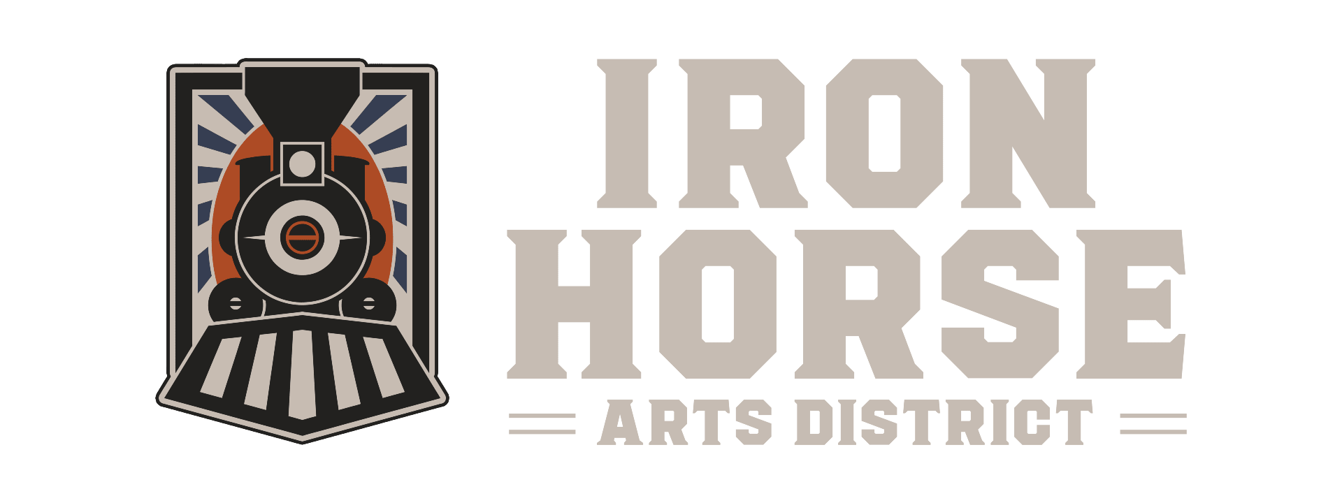 Logo of a steam locomotive with text "Iron Horse Arts District"