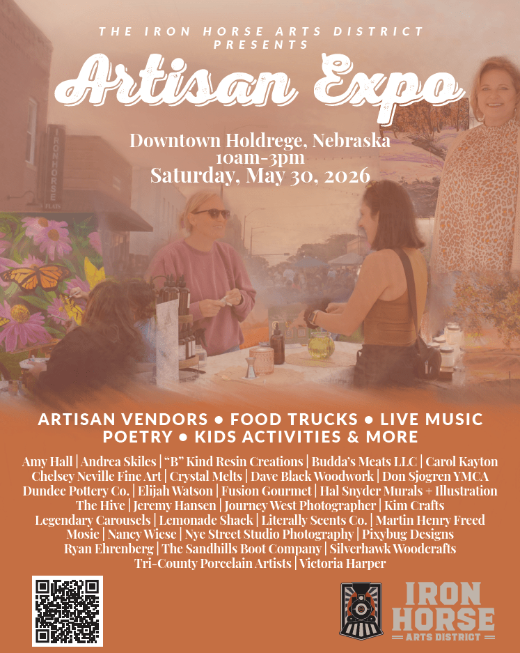 The Iron Horse Arts District present the 2026 Artisan Expo. Saturday, May 30 from 10am - 3pm in downtown Holdrege.