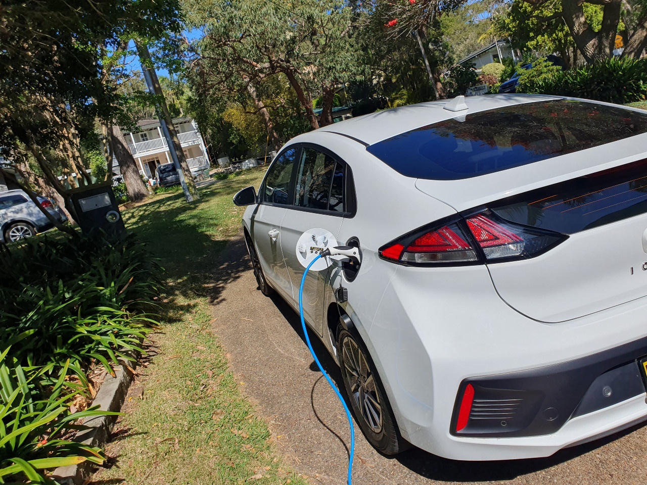 Matt and Alex's Hyundai Ioniq EV charging from a regular 10A outlet.