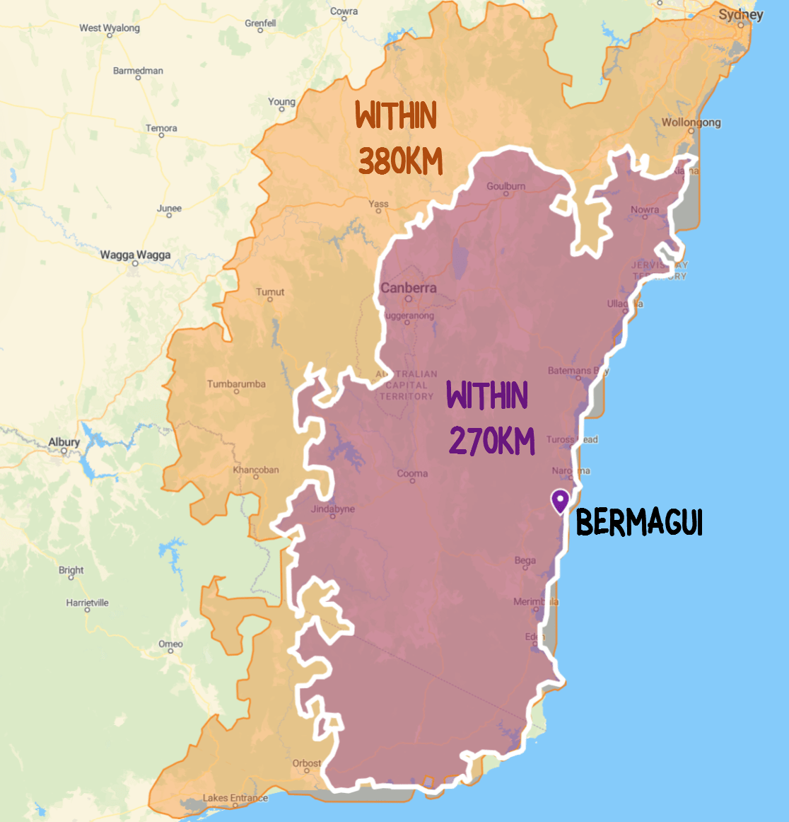 Map showing areas that are within 270km of Bermagui (75% of a low-range EV battery), and 380km of Bermagui (75% of a mid-range EV battery).