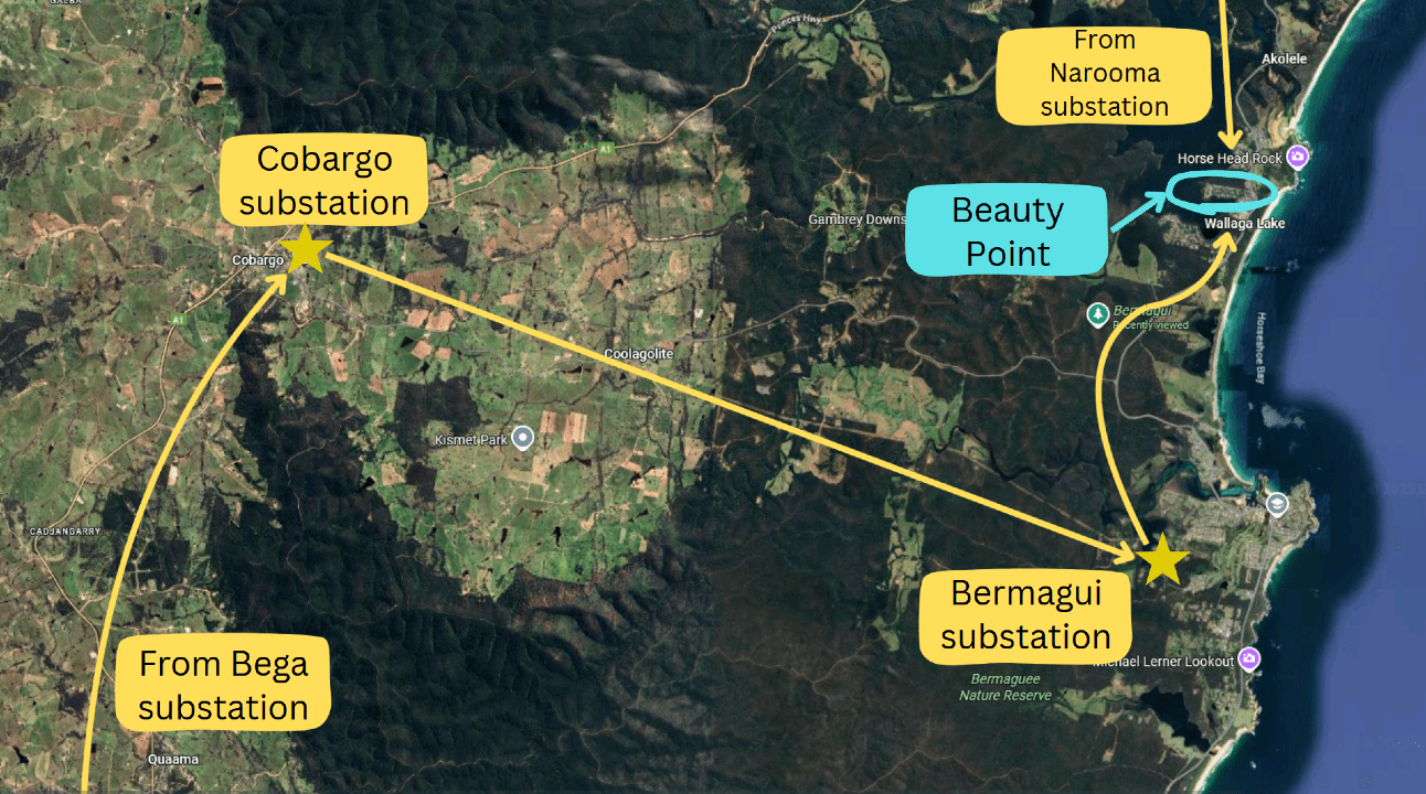 Map showing approximate path of transmission and distribution power lines to get to Beauty Point