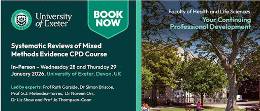 Graphic containing registration details for a University of Exeter training course on systematic reviews