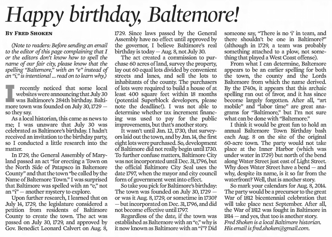 Article about this story, by Fred Shoken, titled "Happy birthday, Baltemore!"