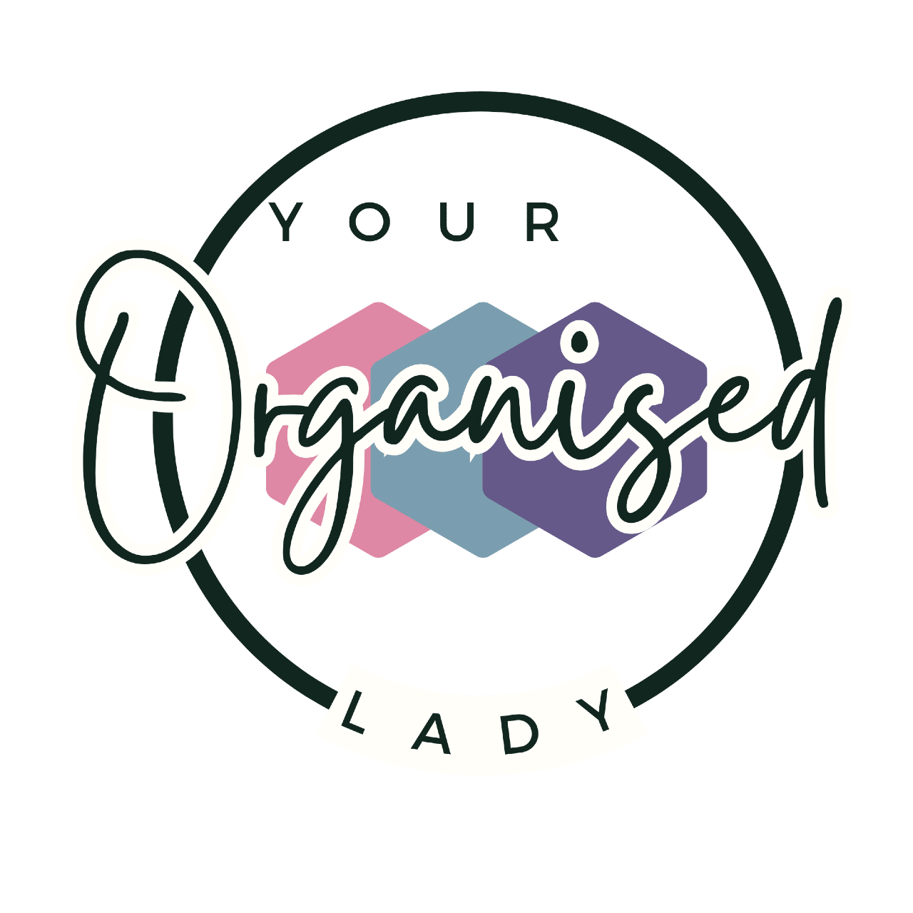 Your organised lady logo in circle with 3 coloured diamonds in pink, teal and purple