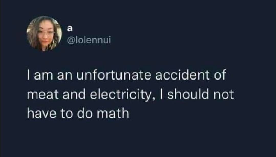 I am an unfortunate accident of meat and electicity, I should not have to do math -@lolennui