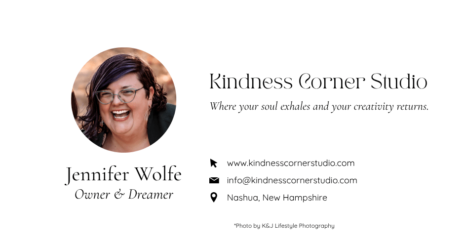 Business card for Kindness Corner Studio featuring logo and contact details in a colorful, inviting design.